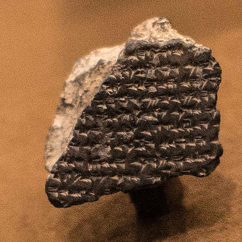 Около 1296 года до р.Х. Мирный договор фараона Рамзеса II c царём хеттов Хаттушилем. Глиняная табличка, отрывок с обязательством помогать друг другу в борьбе с врагами.
