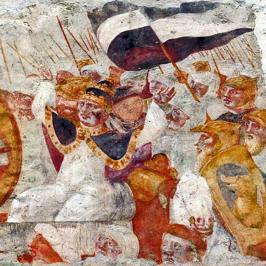 1680 год. Деталь фрески на стене здания в замке Парц (Верхняя Австрия), изображающая Исход. В виде фараона, преследующего иудеев, изображён Папа Римский (в то время - Григорий XIII).